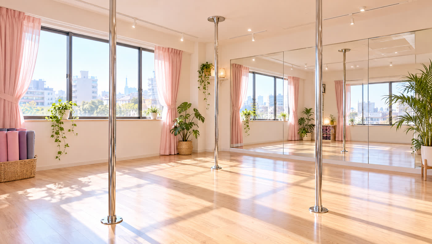 明るい光が入るポールダンス教室の室内。ポールが3本と鏡、ピンクのカーテン（イメージ）