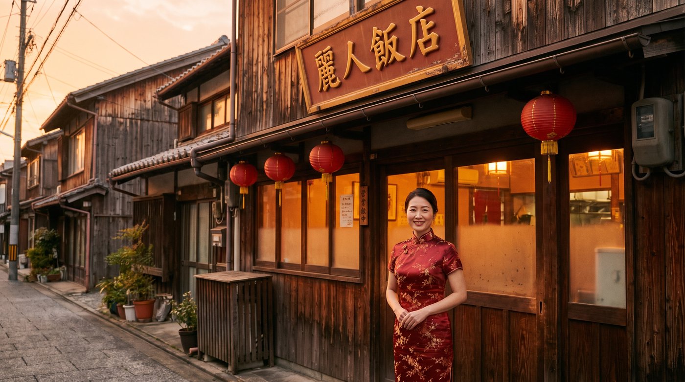 麗人飯店の店先に立つチャイナドレスの向のイメージ